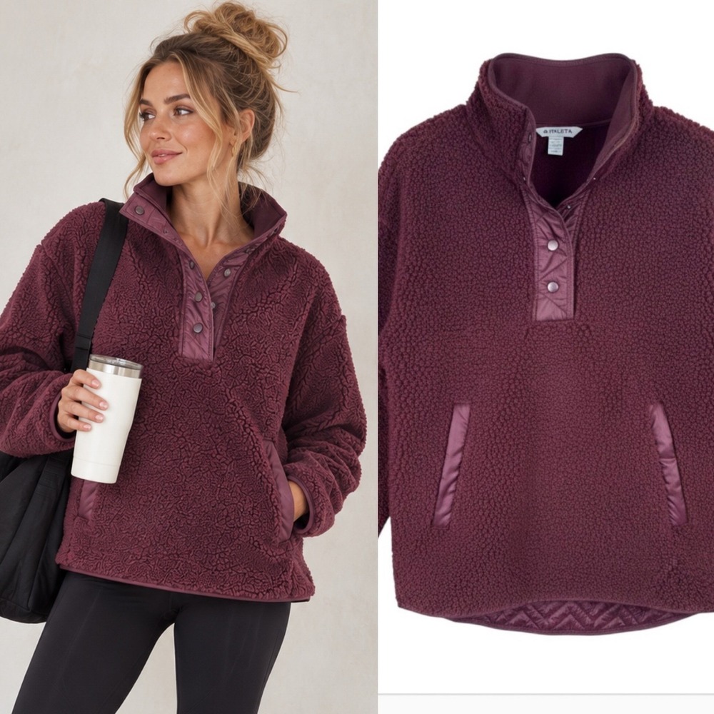 Athleta Cozy Sherpa Snap Sweatshirt XS Merlot Red Quilted Fleece Pullover Hiking
